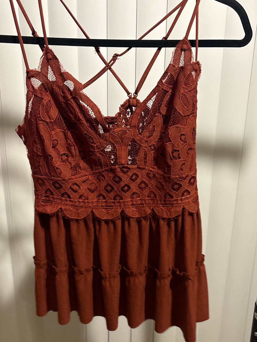 Zenana Outfitters Crochet Lace Tiered top in Rust